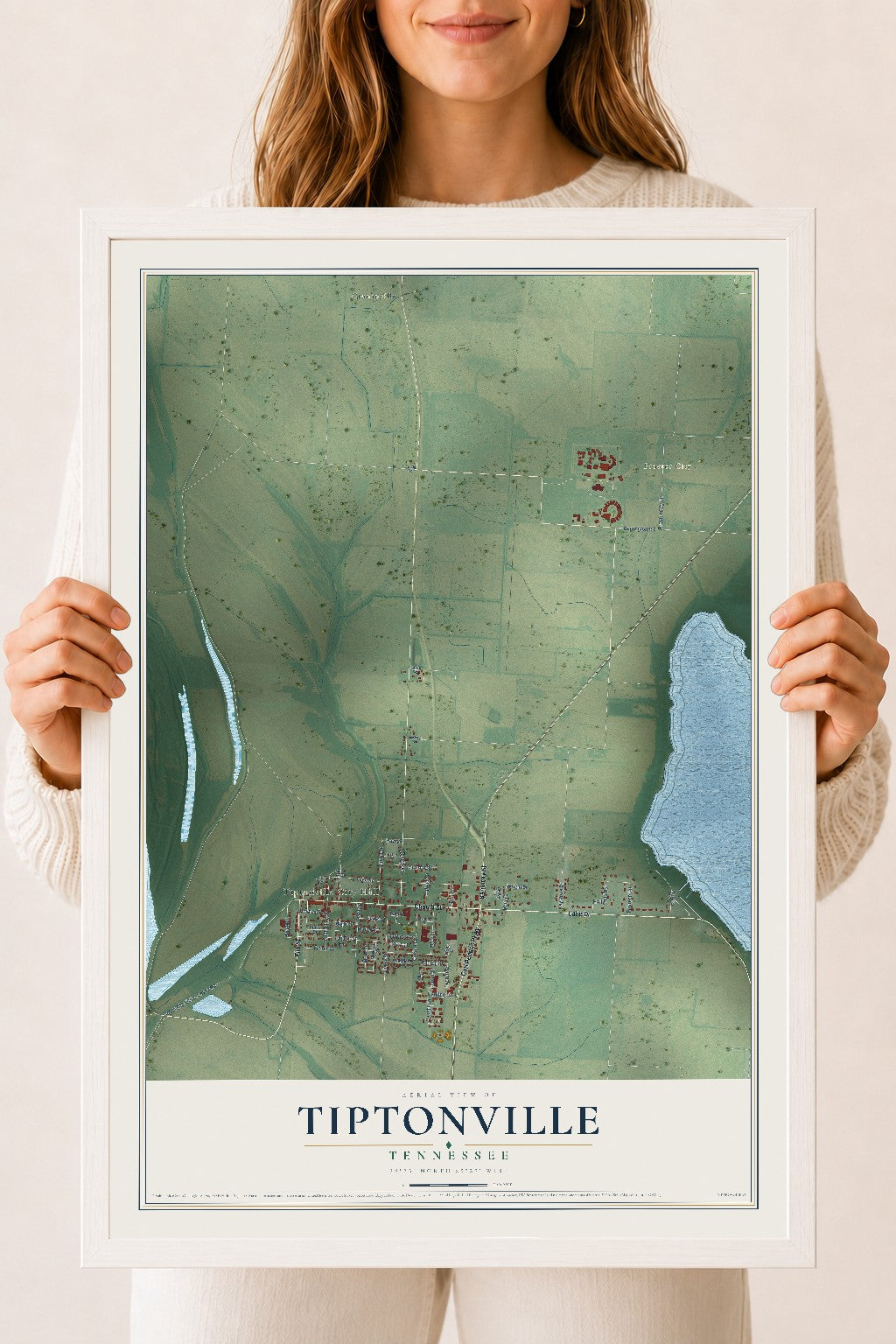 Map of Tiptonville, Tennessee, 18 x 24 inch print in a white wood frame