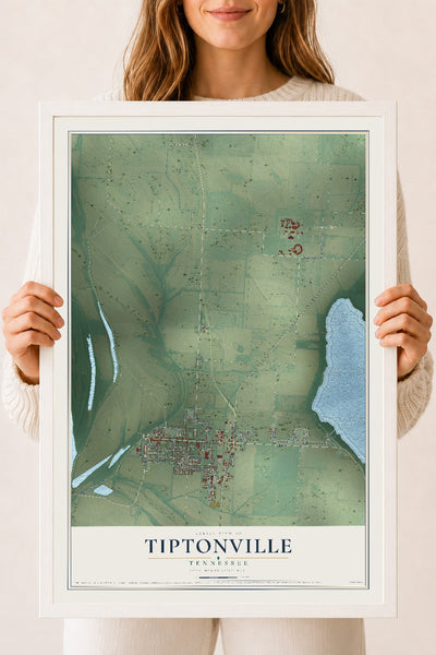 Map of Tiptonville, Tennessee, 18 x 24 inch print in a white wood frame