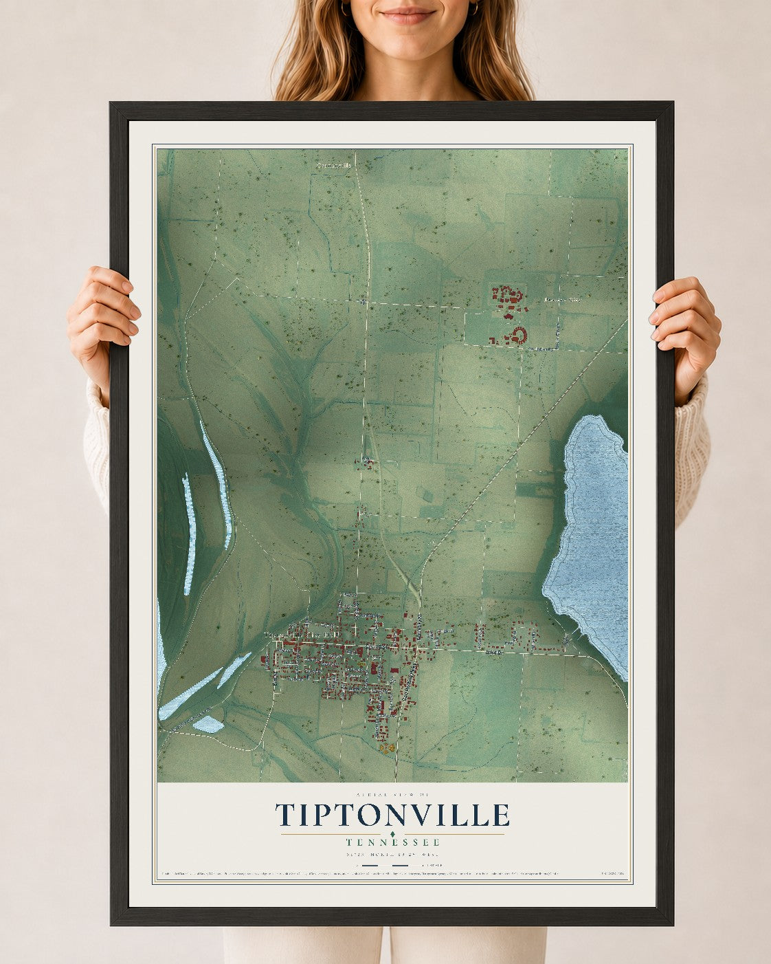 Map of Tiptonville, Tennessee, 24 x 36 inch print in a black wood frame