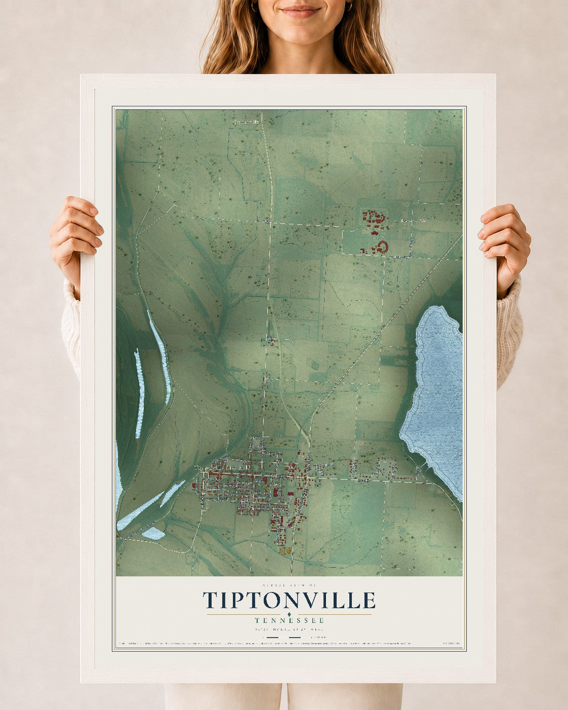 Map of Tiptonville, Tennessee, 24 x 36 inch print in a white wood frame