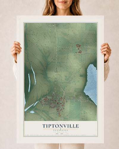 Map of Tiptonville, Tennessee, 24 x 36 inch print in a white wood frame
