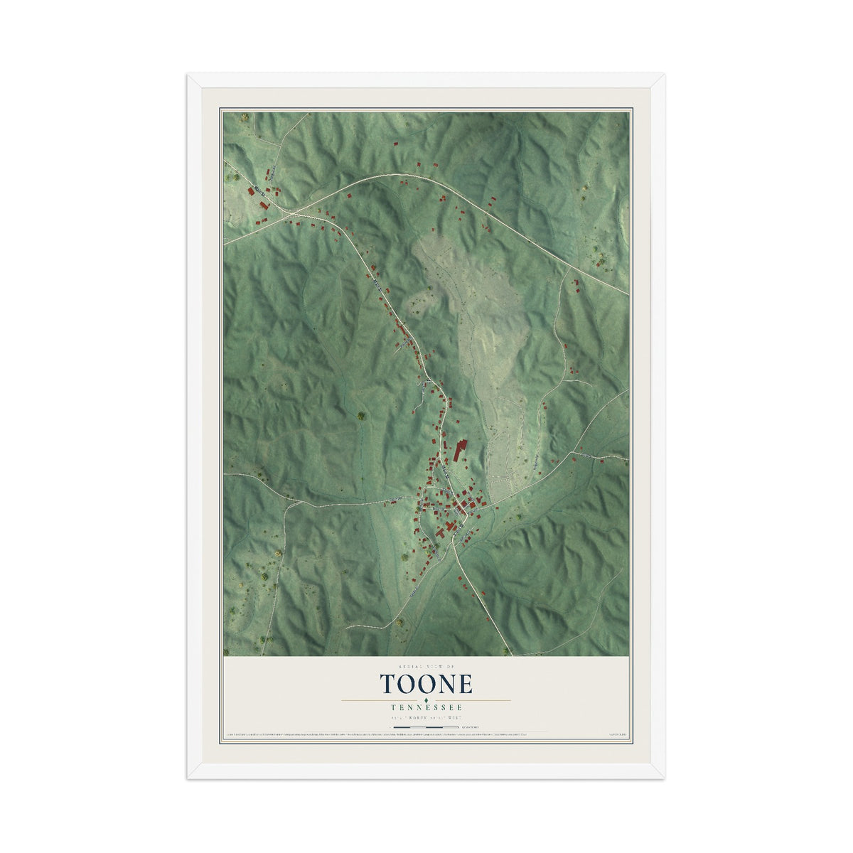 Map of Toone, Tennessee, 12 x 18 inch print in a white wood frame