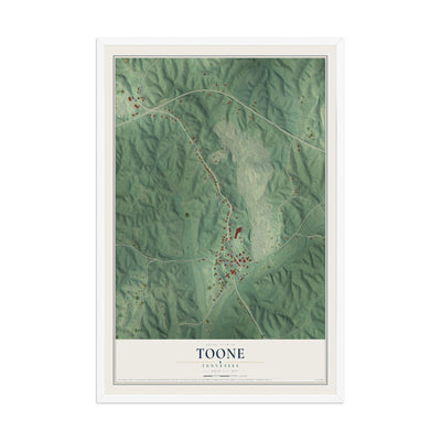 Map of Toone, Tennessee, 12 x 18 inch print in a white wood frame