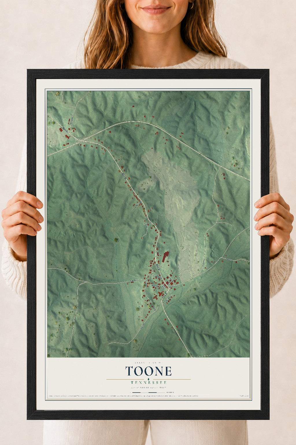 Map of Toone, Tennessee, 18 x 24 inch print in a black wood frame