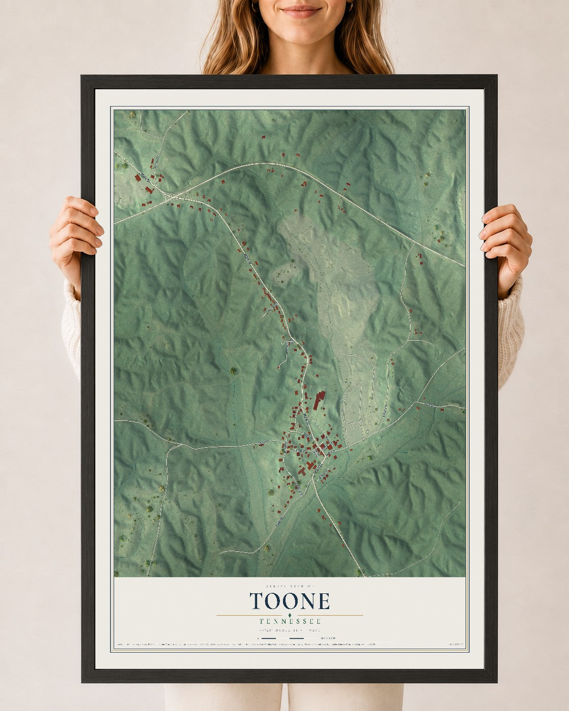 Map of Toone, Tennessee, 24 x 36 inch print in a black wood frame
