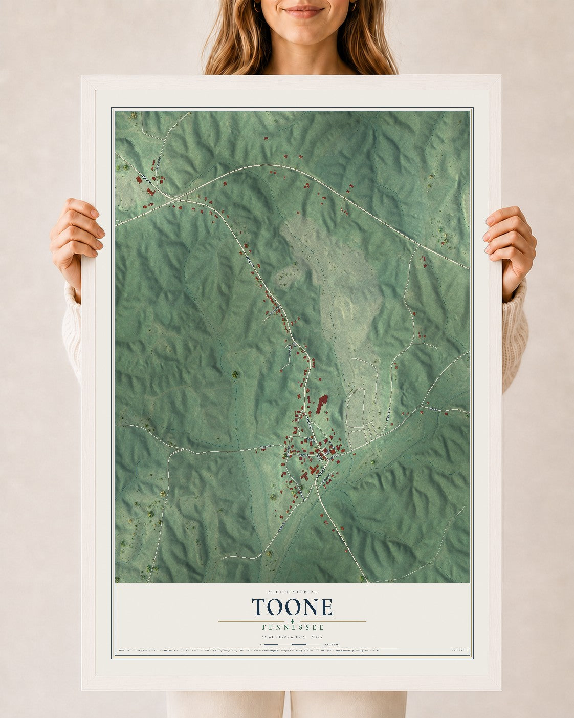 Map of Toone, Tennessee, 24 x 36 inch print in a white wood frame