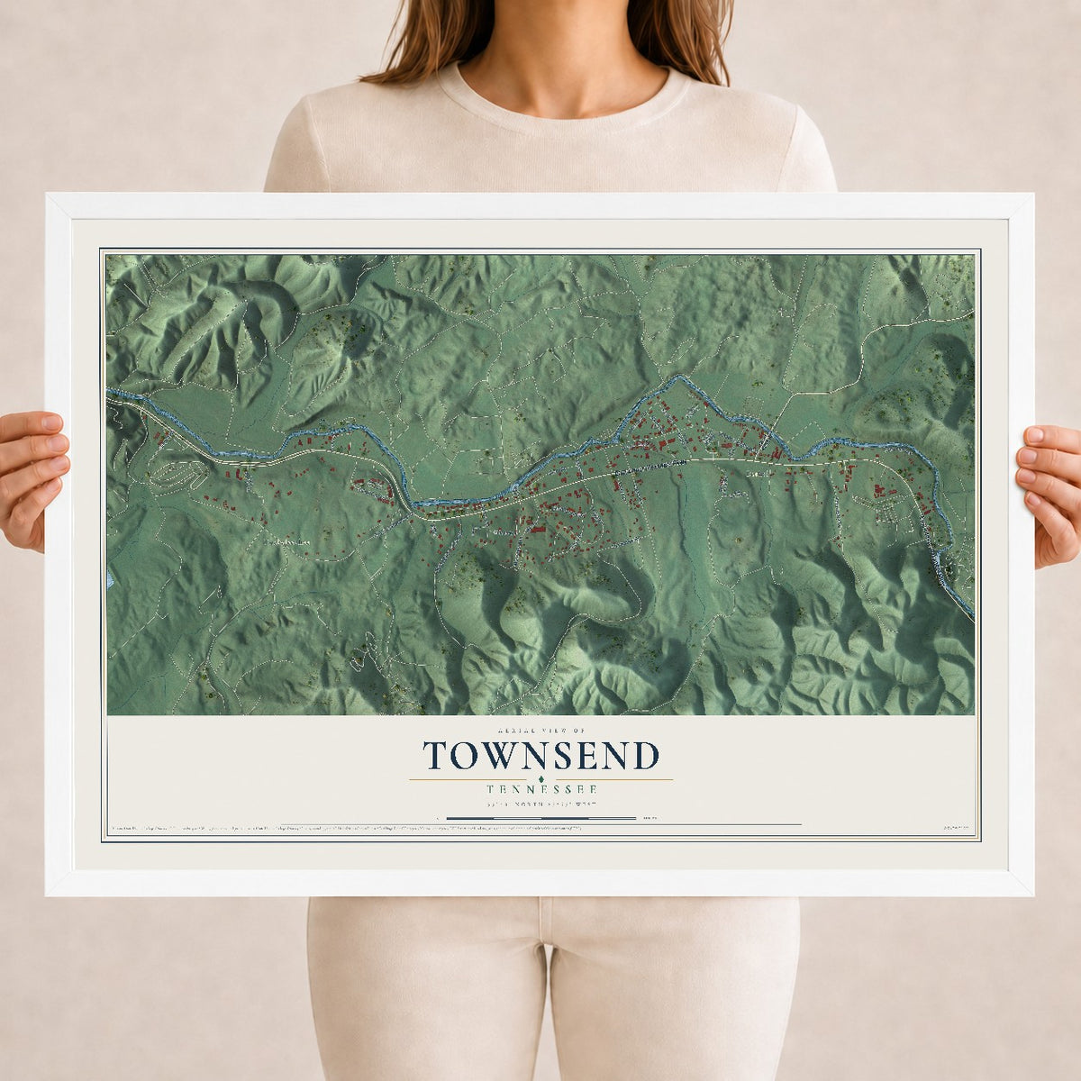 Map of Townsend, Tennessee, 18 x 24 inch print in a white wood frame