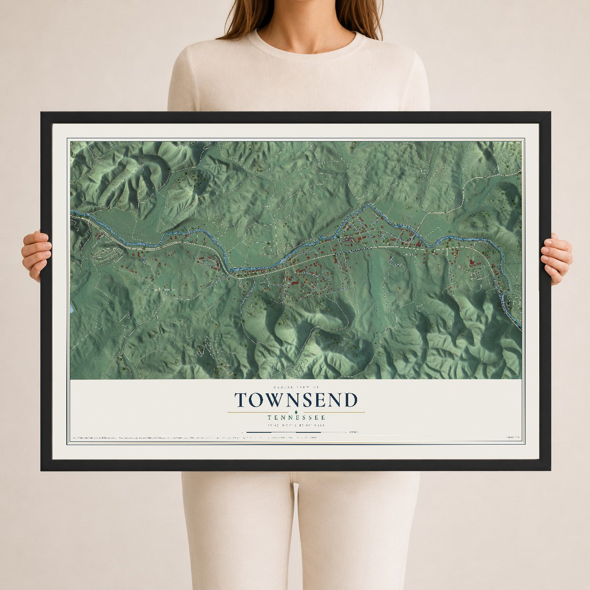 Map of Townsend, Tennessee, 24 x 36 inch print in a black wood frame