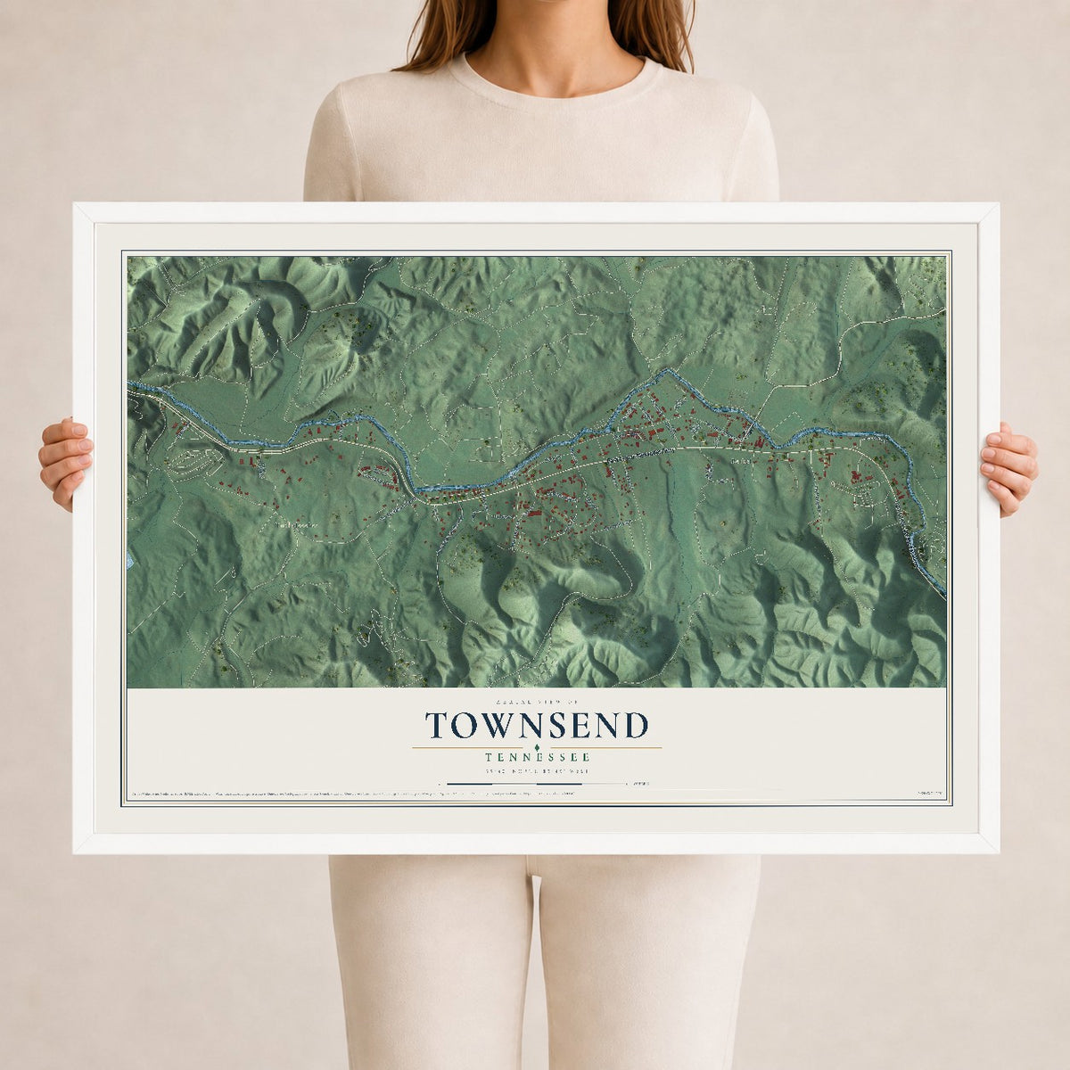 Map of Townsend, Tennessee, 24 x 36 inch print in a white wood frame
