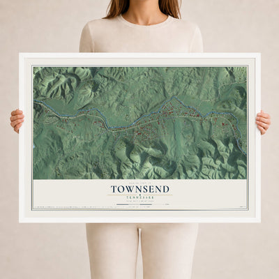 Map of Townsend, Tennessee, 24 x 36 inch print in a white wood frame