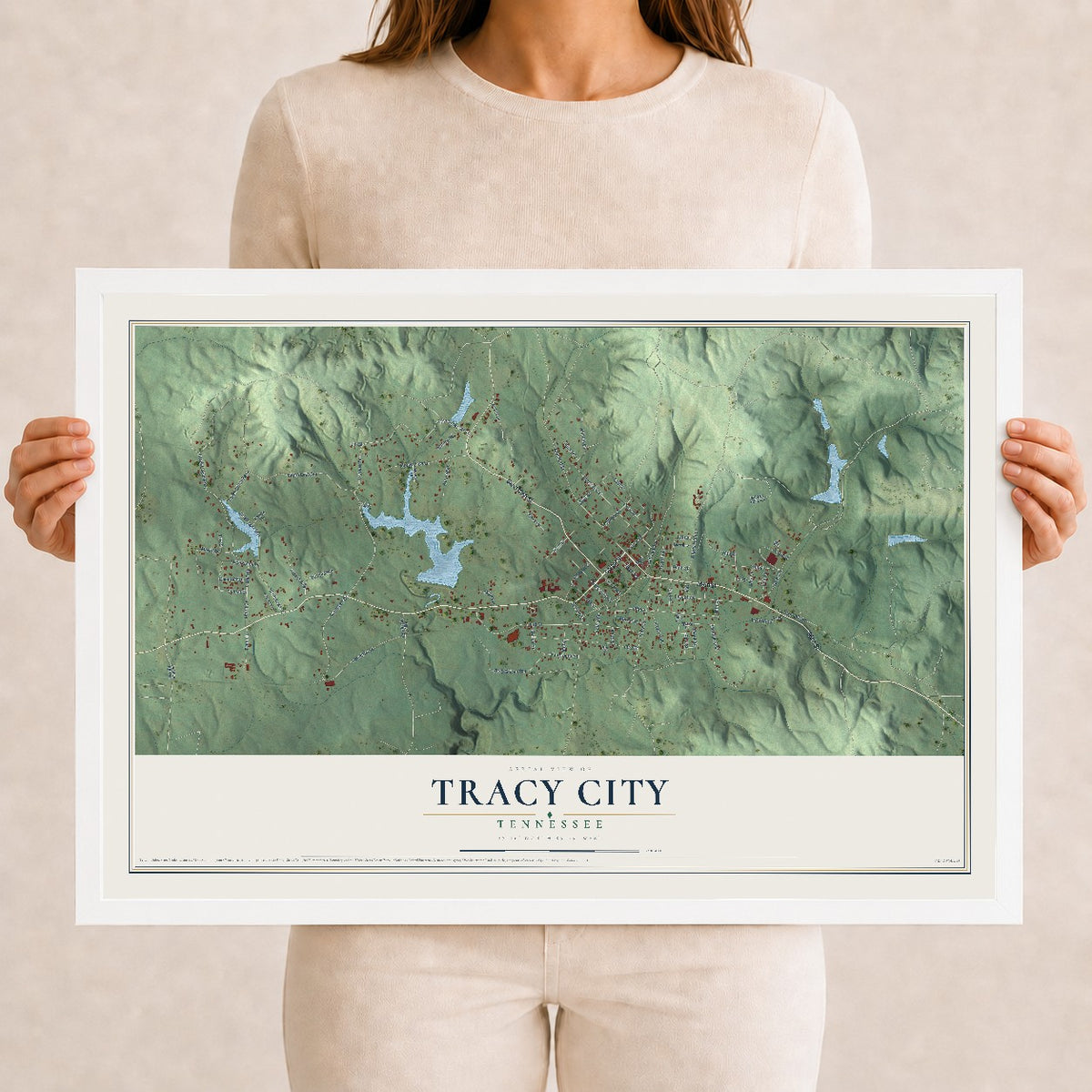 Map of Tracy City, Tennessee, 12 x 18 inch print in a white wood frame