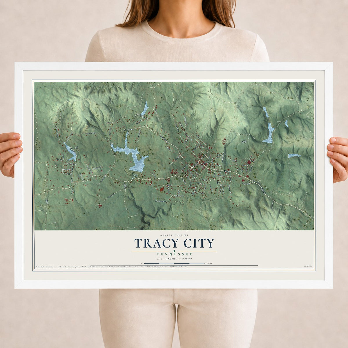 Map of Tracy City, Tennessee, 18 x 24 inch print in a white wood frame