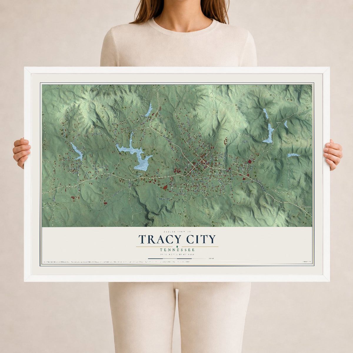 Map of Tracy City, Tennessee, 24 x 36 inch print in a white wood frame