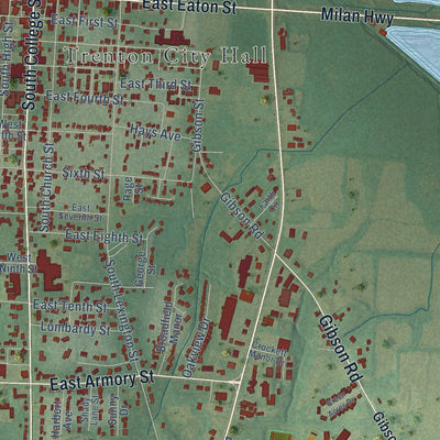 Close-up of the map of Trenton, Tennessee print showing street and building detail