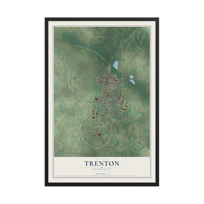 Map of Trenton, Tennessee, 12 x 18 inch print in a black wood frame