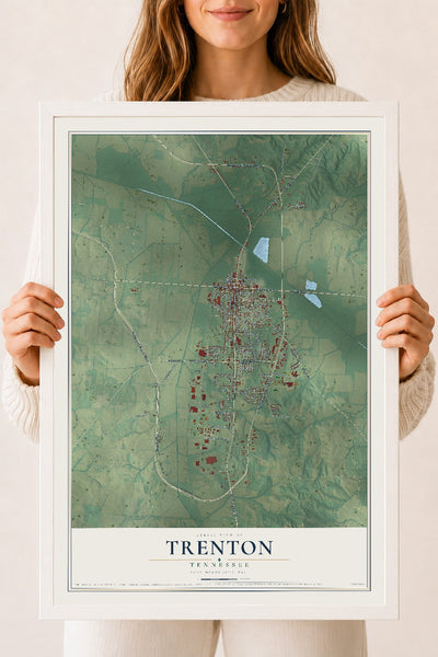 Map of Trenton, Tennessee, 18 x 24 inch print in a white wood frame