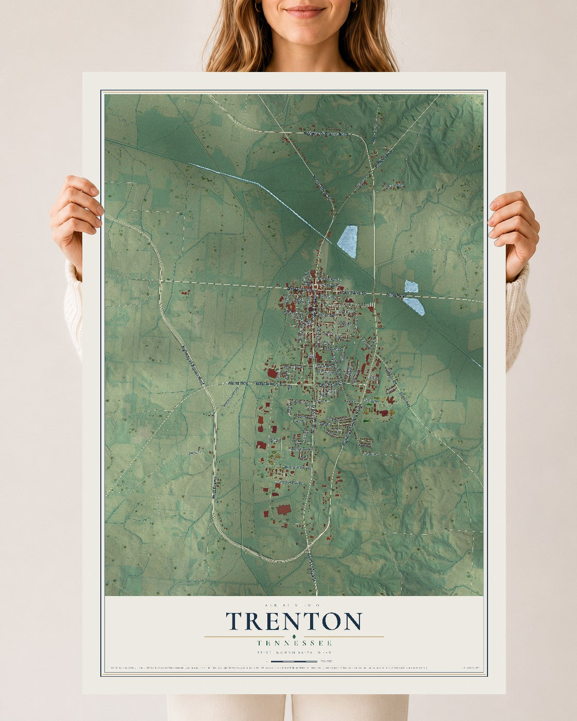 Map of Trenton, Tennessee, 24 x 36 inch unframed archival matte print