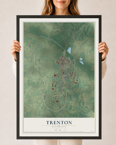 Map of Trenton, Tennessee, 24 x 36 inch print in a black wood frame