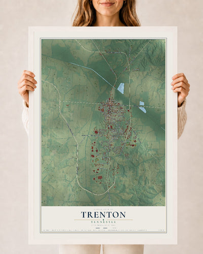 Map of Trenton, Tennessee, 24 x 36 inch print in a white wood frame