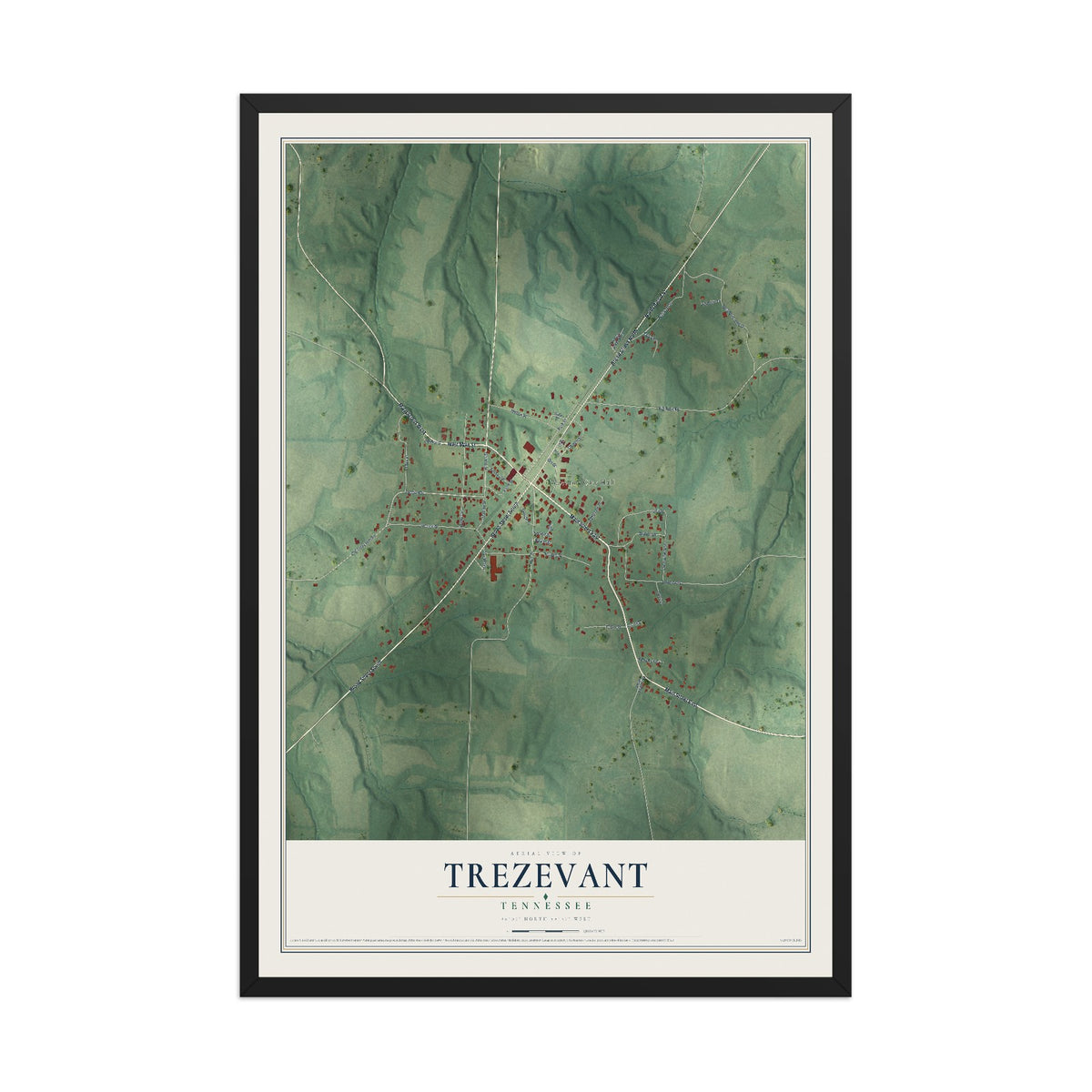 Map of Trezevant, Tennessee, 12 x 18 inch print in a black wood frame