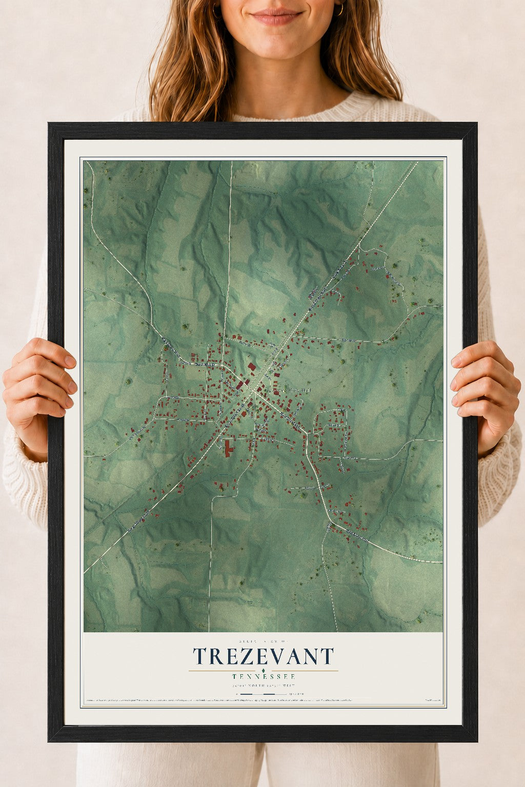 Map of Trezevant, Tennessee, 18 x 24 inch print in a black wood frame