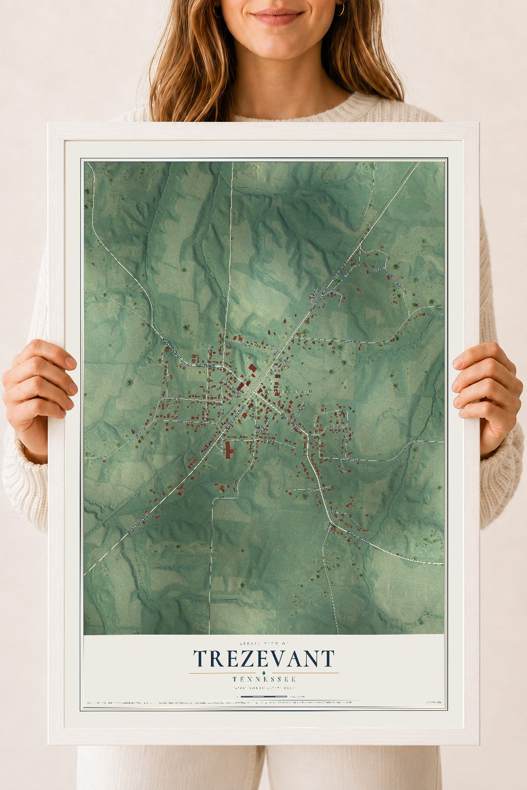 Map of Trezevant, Tennessee, 18 x 24 inch print in a white wood frame