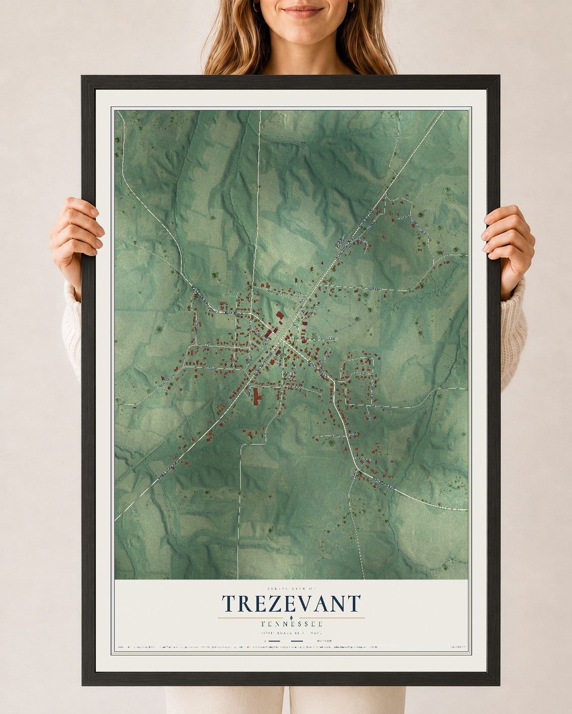 Map of Trezevant, Tennessee, 24 x 36 inch print in a black wood frame