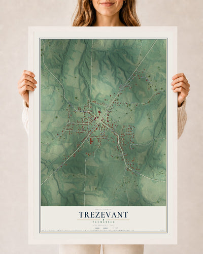 Map of Trezevant, Tennessee, 24 x 36 inch print in a white wood frame