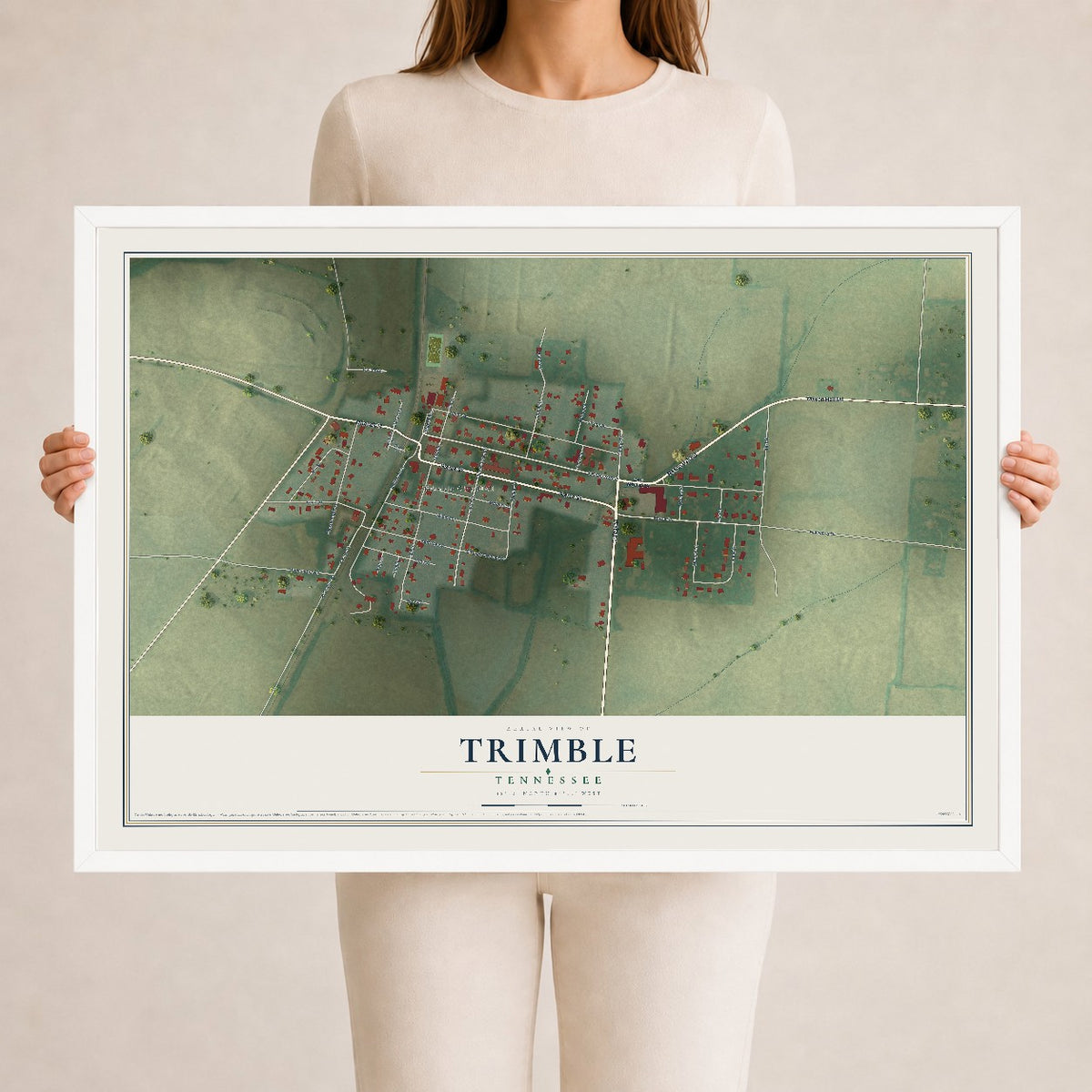 Map of Trimble, Tennessee, 24 x 36 inch print in a white wood frame