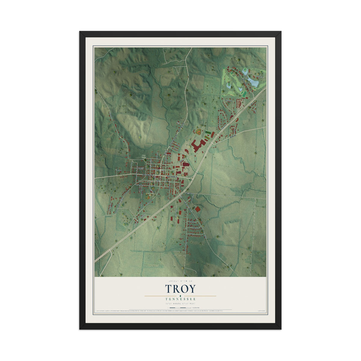 Map of Troy, Tennessee, 12 x 18 inch print in a black wood frame