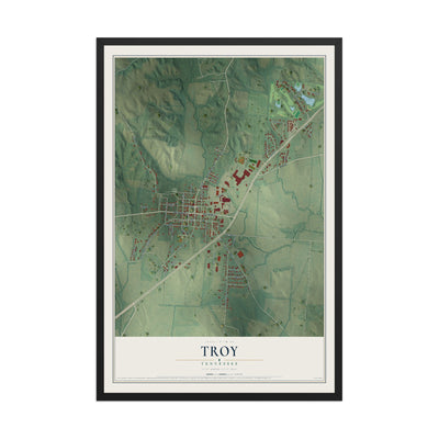 Map of Troy, Tennessee, 12 x 18 inch print in a black wood frame
