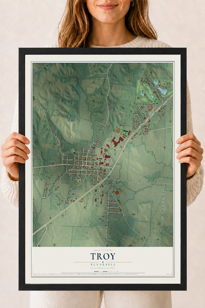Map of Troy, Tennessee, 18 x 24 inch print in a black wood frame