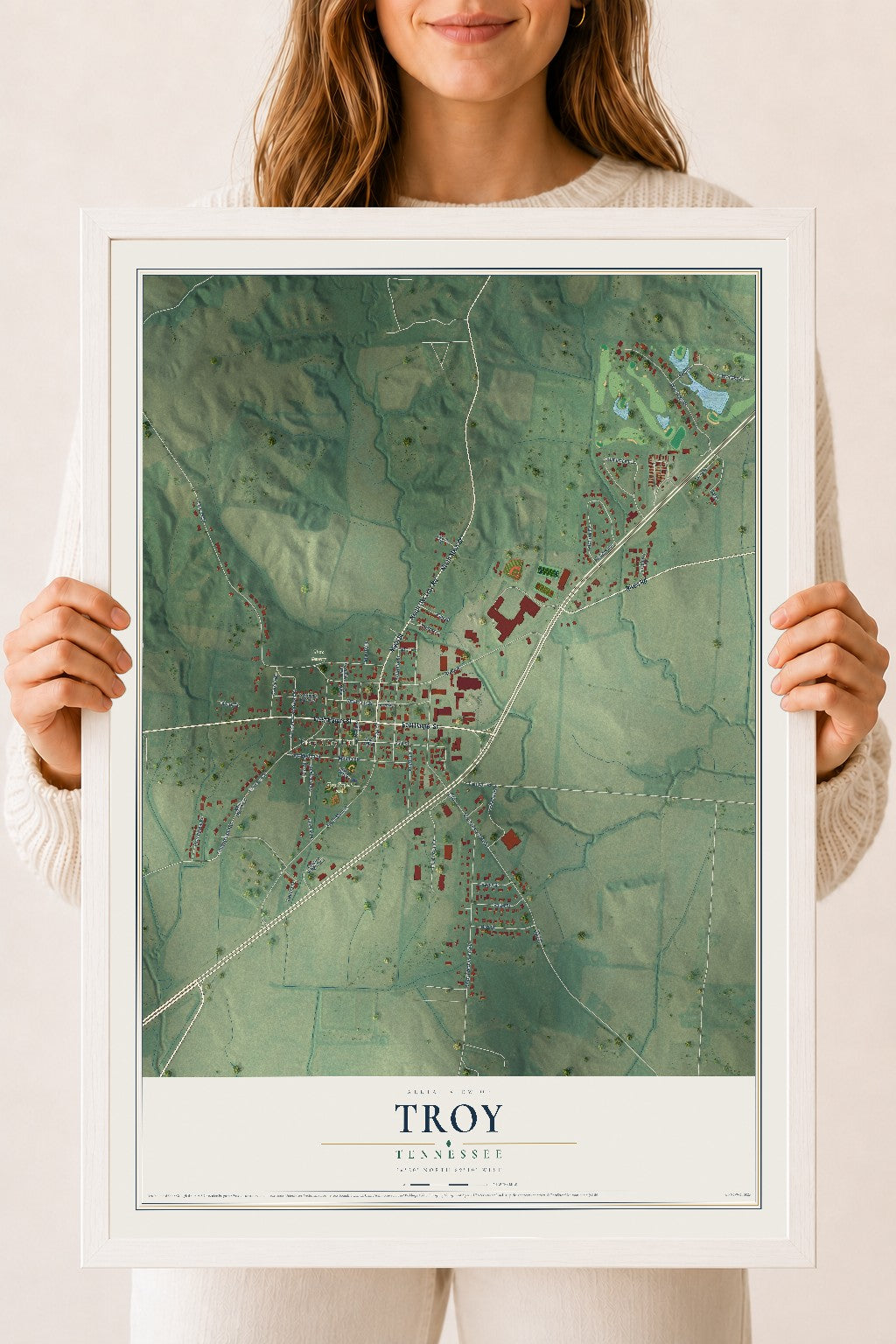 Map of Troy, Tennessee, 18 x 24 inch print in a white wood frame
