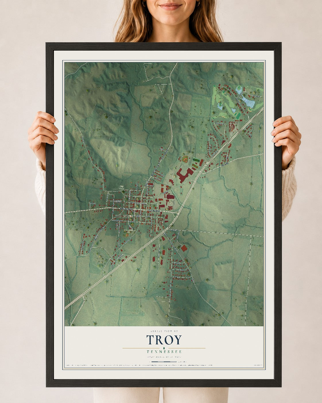 Map of Troy, Tennessee, 24 x 36 inch print in a black wood frame