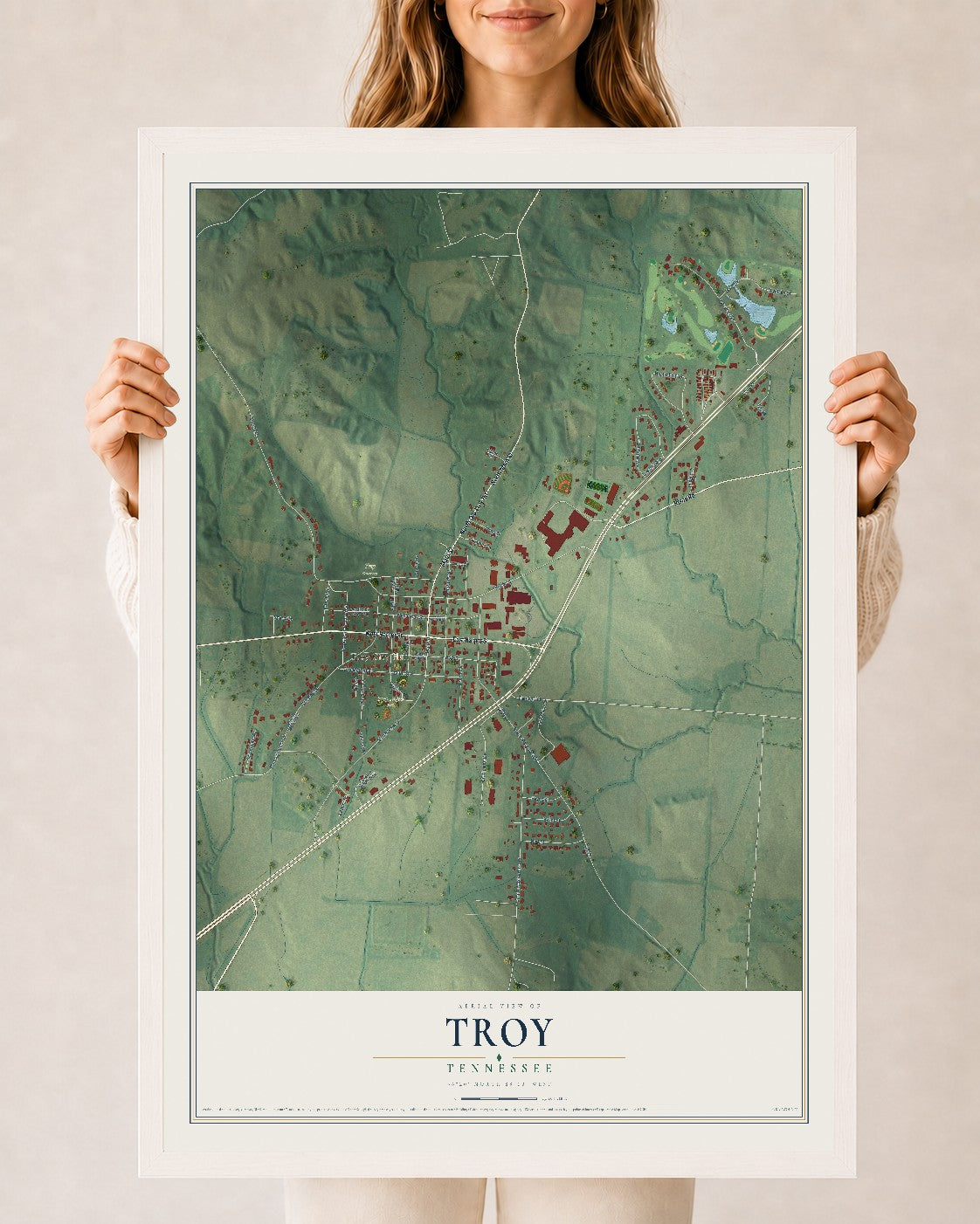 Map of Troy, Tennessee, 24 x 36 inch print in a white wood frame