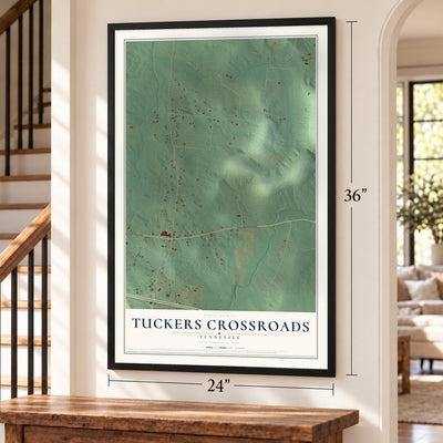 Tuckers Crossroads, Tennessee map, 24 x 36 inch print in a black frame by a staircase