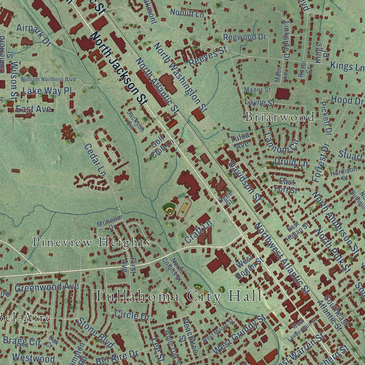 Close-up of the map of Tullahoma, Tennessee print showing street and building detail