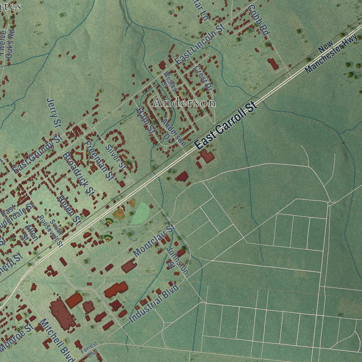 Second close-up of the map of Tullahoma, Tennessee print showing more streets and buildings