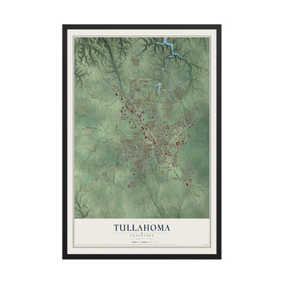 Map of Tullahoma, Tennessee, 12 x 18 inch print in a black wood frame