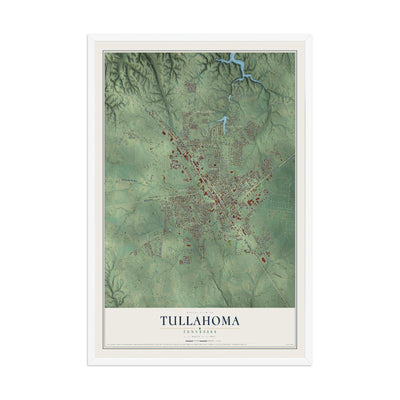 Map of Tullahoma, Tennessee, 12 x 18 inch print in a white wood frame
