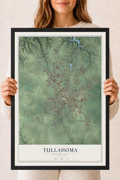 Map of Tullahoma, Tennessee, 18 x 24 inch print in a black wood frame