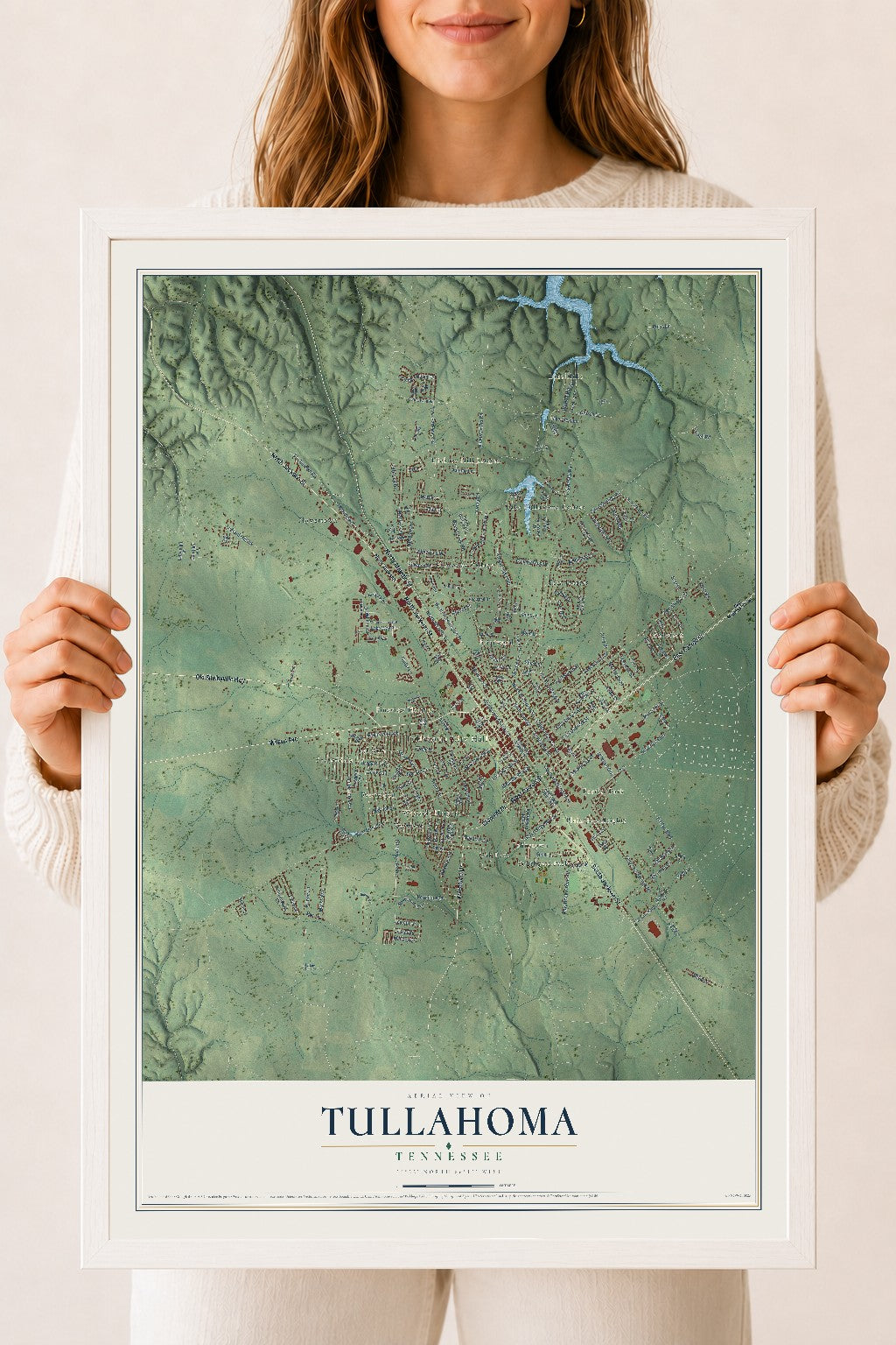 Map of Tullahoma, Tennessee, 18 x 24 inch print in a white wood frame
