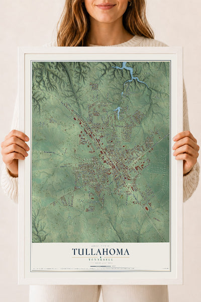 Map of Tullahoma, Tennessee, 18 x 24 inch print in a white wood frame