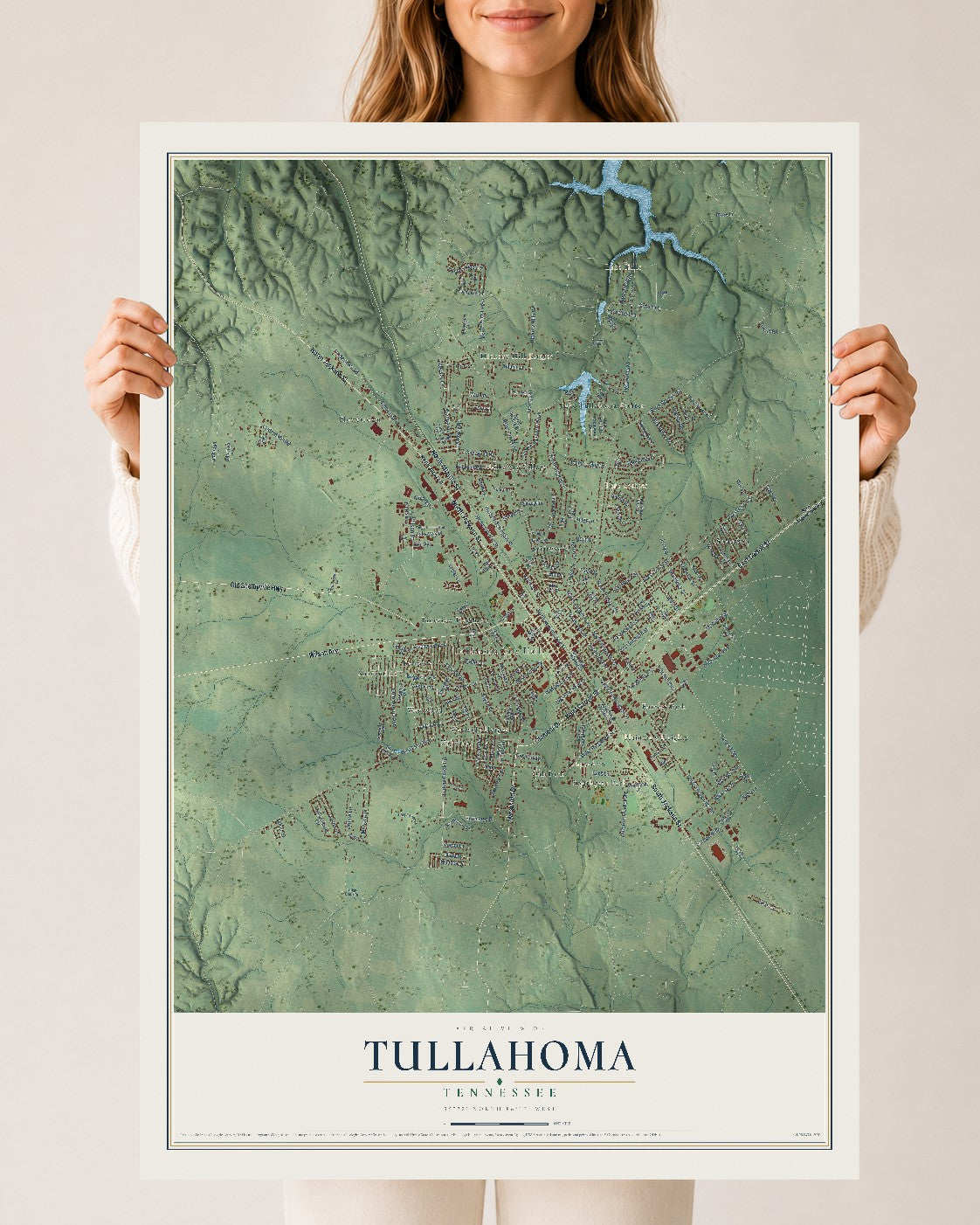 Map of Tullahoma, Tennessee, 24 x 36 inch unframed archival matte print