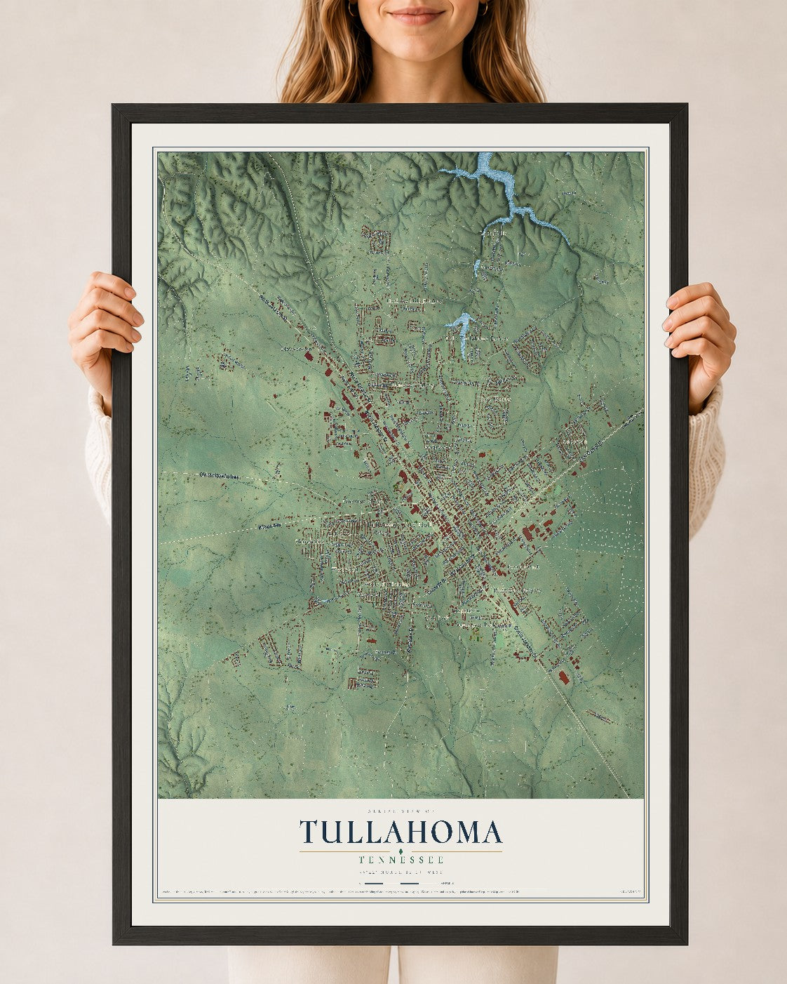 Map of Tullahoma, Tennessee, 24 x 36 inch print in a black wood frame