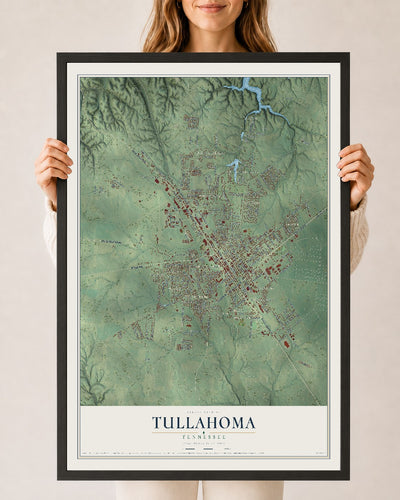Map of Tullahoma, Tennessee, 24 x 36 inch print in a black wood frame