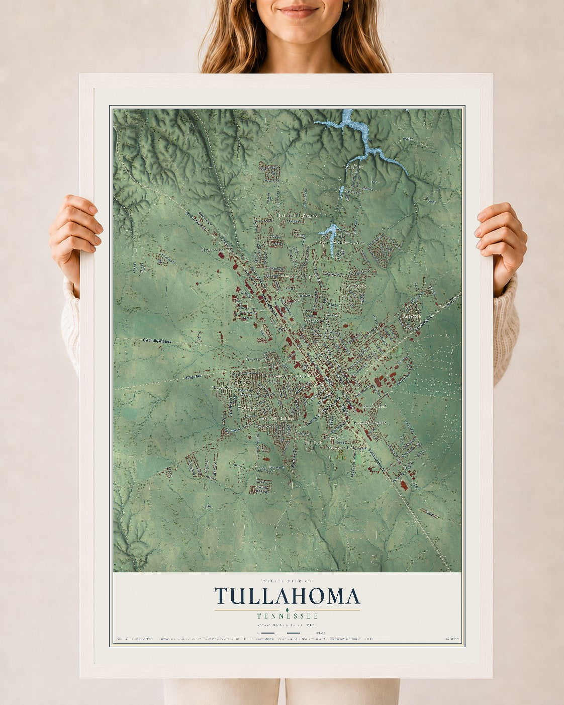 Map of Tullahoma, Tennessee, 24 x 36 inch print in a white wood frame