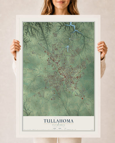 Map of Tullahoma, Tennessee, 24 x 36 inch print in a white wood frame
