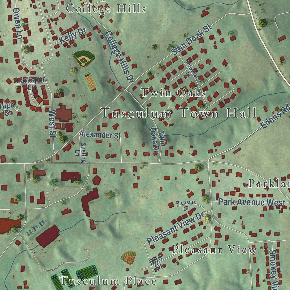 Close-up of the map of Tusculum, Tennessee print showing street and building detail