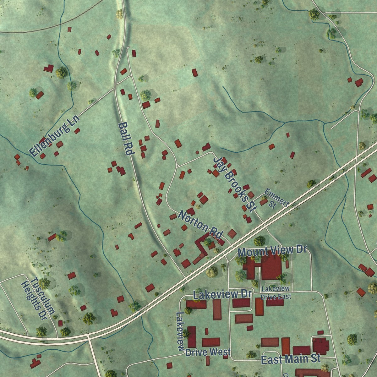 Second close-up of the map of Tusculum, Tennessee print showing more streets and buildings